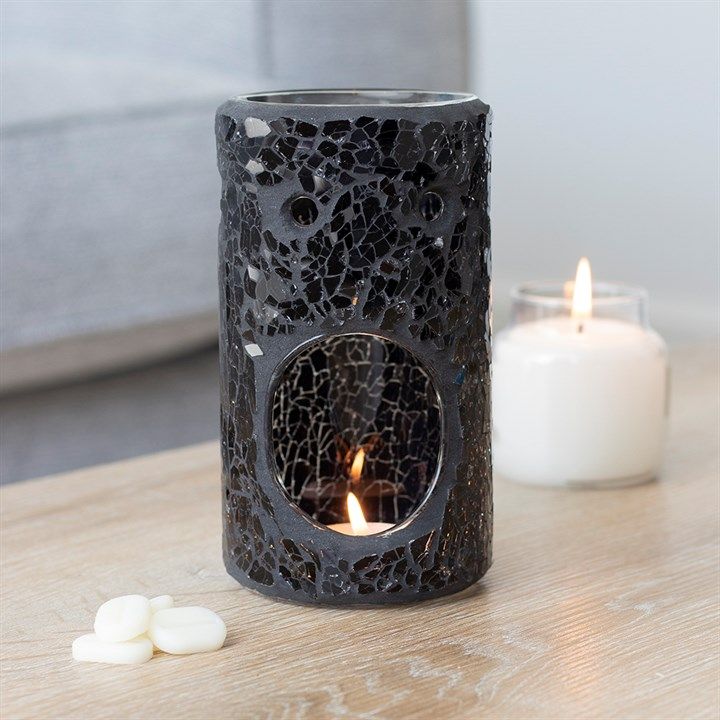 BLACK CRACKLE GLASS PILLAR OIL BURNER