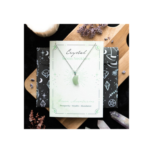 GREEN AVENTURINE CRYSTAL MOON NECKLACE ON GREETING CARD