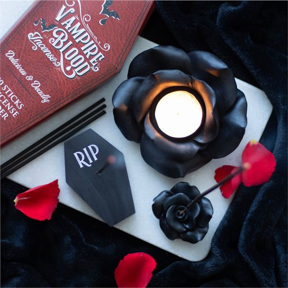 BLACK ROSE RESIN TEALIGHT CANDLE HOLDER