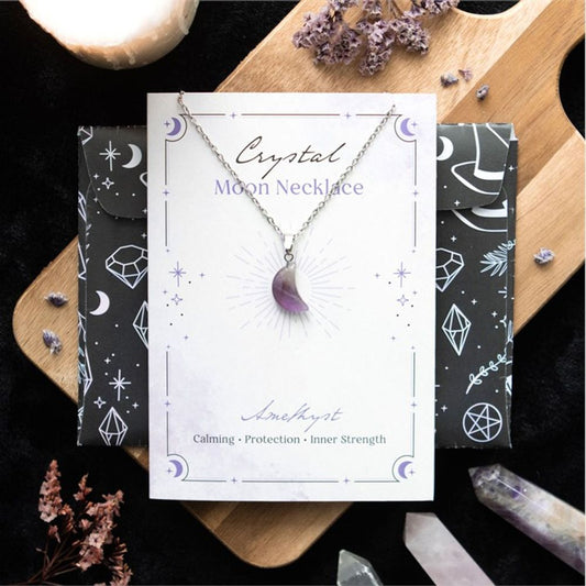 AMETHYST CRYSTAL MOON NECKLACE ON GREETING CARD