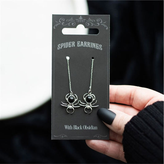 BLACK OBSIDIAN SPIDER THREADER EARRINGS