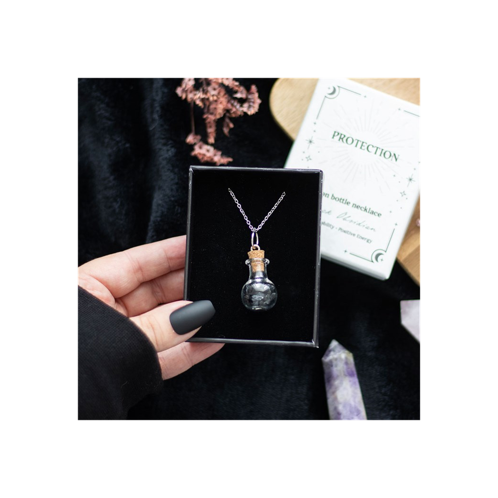 PROTECTION BLACK OBSIDIAN CRYSTAL CHIP POTION BOTTLE NECKLACE